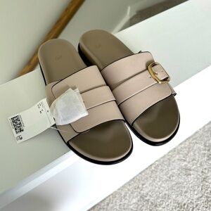 H&M Beige Tan Slides with Gold Buckle
